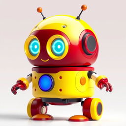 A cool and cute robot featuring a striking maroon and yellow color scheme