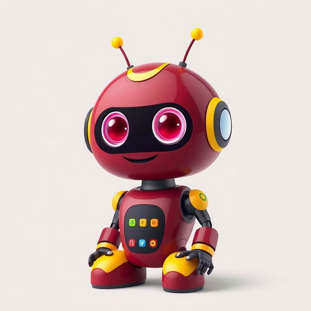 A cool and cute robot featuring a striking maroon and yellow color scheme