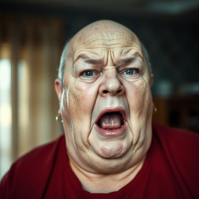 A very fat, bald, middle-aged woman in her 50s, with an intense facial expression, appears to be screaming