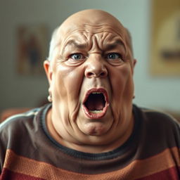 A very fat, bald, middle-aged woman in her 50s, with an intense facial expression, appears to be screaming