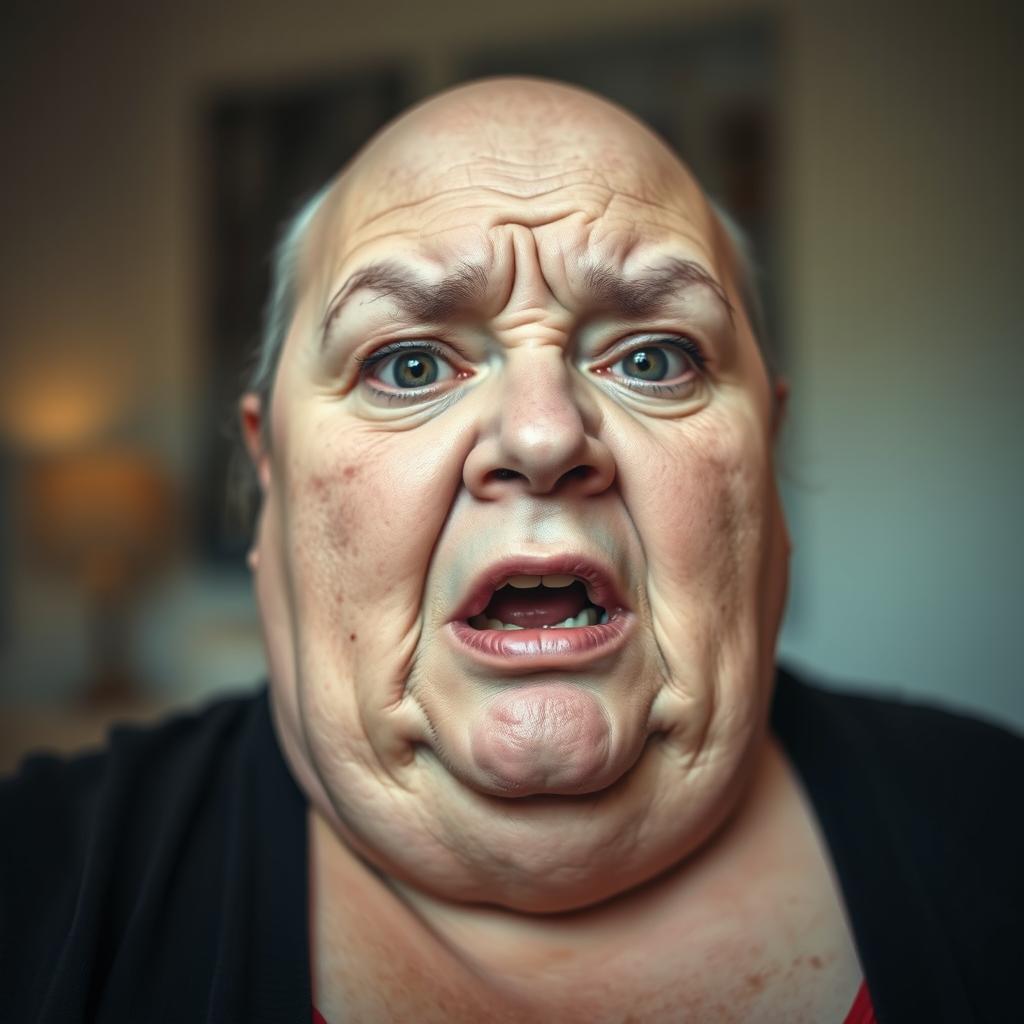 A very fat, bald, middle-aged woman in her 50s, with an intense facial expression, appears to be screaming