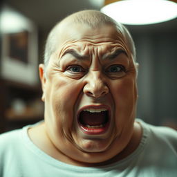 A very fat, bald, middle-aged woman in her 50s, with an intense facial expression, appears to be screaming