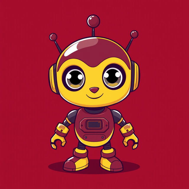 A cool and cute robot character designed in maroon and yellow colors, featuring a sleek and friendly appearance