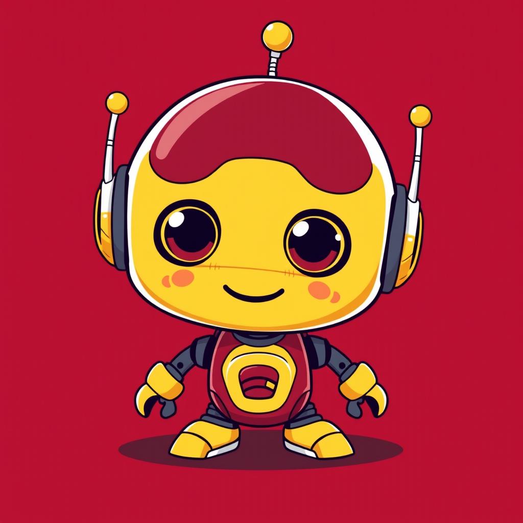 A cool and cute robot character designed in maroon and yellow colors, featuring a sleek and friendly appearance