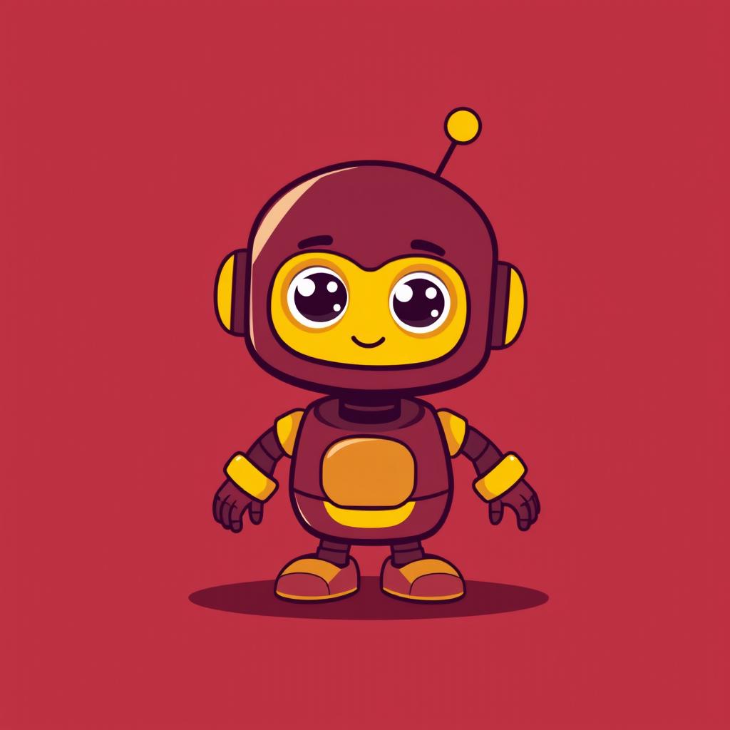 A cool and cute robot character rendered in maroon and yellow colors, featuring a friendly design with rounded edges