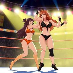 A dynamic wrestling scene featuring Yang Xiao Long from RWBY in a vibrant orange bikini, showcasing her confident and playful demeanor