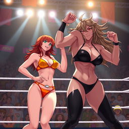 A dynamic wrestling scene featuring Yang Xiao Long from RWBY in a vibrant orange bikini, showcasing her confident and playful demeanor