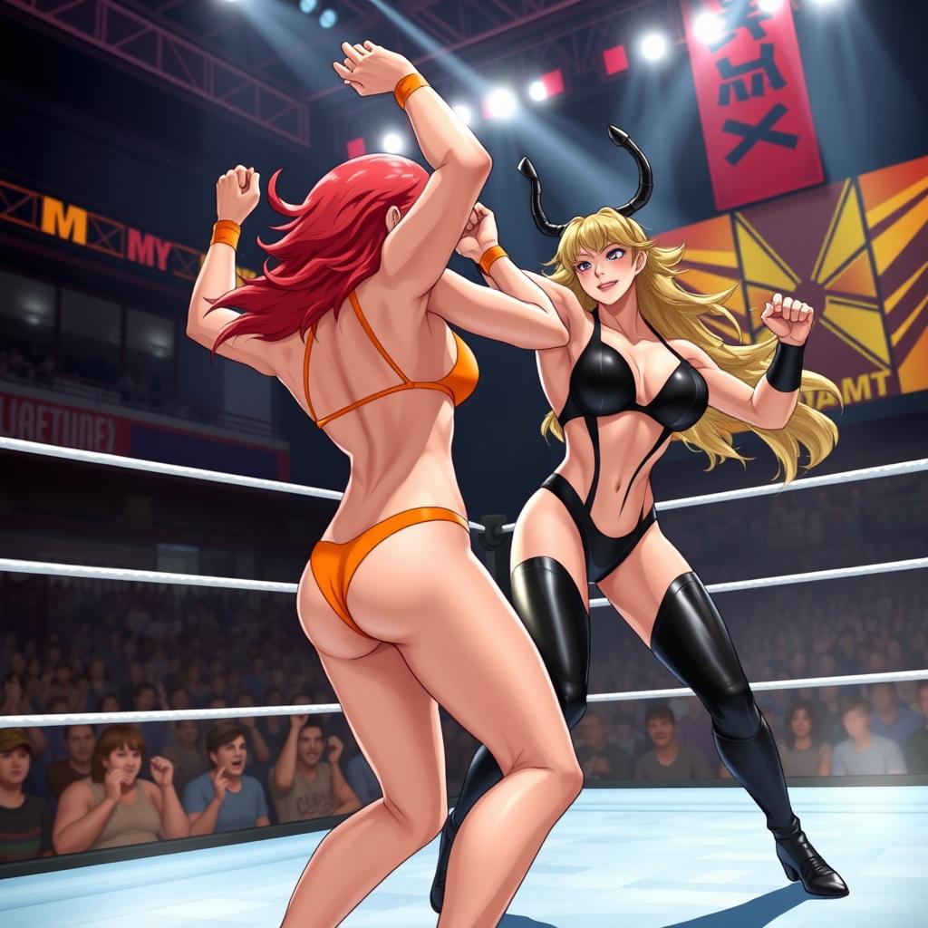 A dynamic wrestling scene featuring Yang Xiao Long from RWBY in a vibrant orange bikini, showcasing her confident and playful demeanor