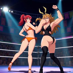 A dynamic wrestling scene featuring Yang Xiao Long from RWBY in a vibrant orange bikini, showcasing her confident and playful demeanor