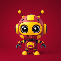 A cool and cute 3D robot design featuring maroon and yellow colors, showcasing a playful and friendly appearance