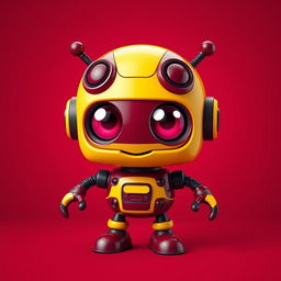 A cool and cute 3D robot design featuring maroon and yellow colors, showcasing a playful and friendly appearance