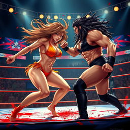 Yang Xiao Long in a fierce wrestling match against Danmachi Hephaestus in a vibrant wrestling ring