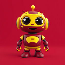 A cool and cute 3D robot designed in maroon and yellow colors, featuring an adorable and engaging personality with oversized, friendly eyes and a charming grin
