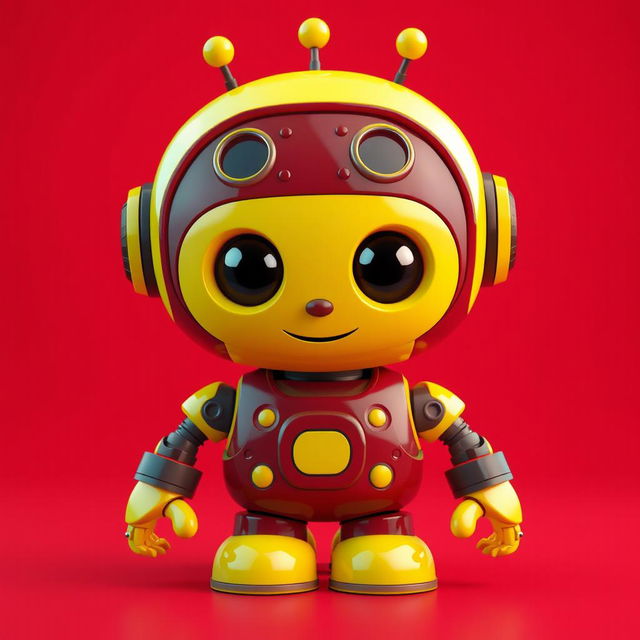 A cool and cute 3D robot designed in maroon and yellow colors, featuring an adorable and engaging personality with oversized, friendly eyes and a charming grin