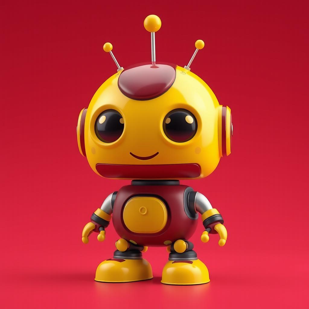 A cool and cute 3D robot designed in maroon and yellow colors, featuring an adorable and engaging personality with oversized, friendly eyes and a charming grin