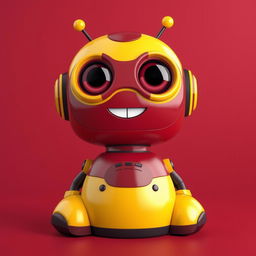 A cool and cute 3D robot designed in maroon and yellow colors, featuring an adorable and engaging personality with oversized, friendly eyes and a charming grin