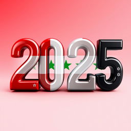 The year '2025' artistically displayed in a creative and imaginative style, utilizing the colors of the Syrian flag