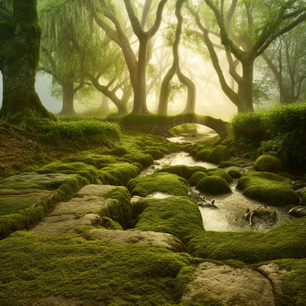 A serene landscape with deep-green moss covering ancient cobblestone paths, an ethereal fog settling over towering trees, crossing a small babbling brook glistening under the early morning sun rays.