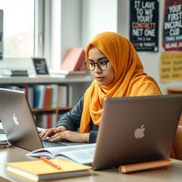 A young Muslim student sitting at a desk, focused intently on an open laptop, studying for an exam