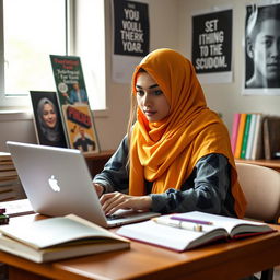 A young Muslim student sitting at a desk, focused intently on an open laptop, studying for an exam