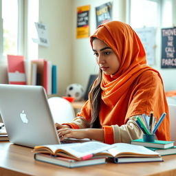 A young Muslim student sitting at a desk, focused intently on an open laptop, studying for an exam