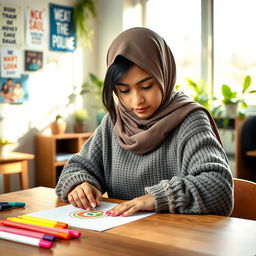 A young Muslim student, wearing a traditional hijab and a cozy sweater, sitting at a wooden desk, deeply focused on designing a logo on paper, with colorful markers spread around