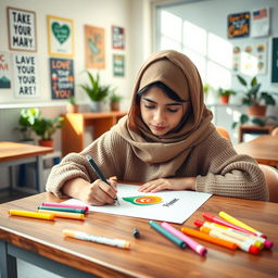 A young Muslim student, wearing a traditional hijab and a cozy sweater, sitting at a wooden desk, deeply focused on designing a logo on paper, with colorful markers spread around