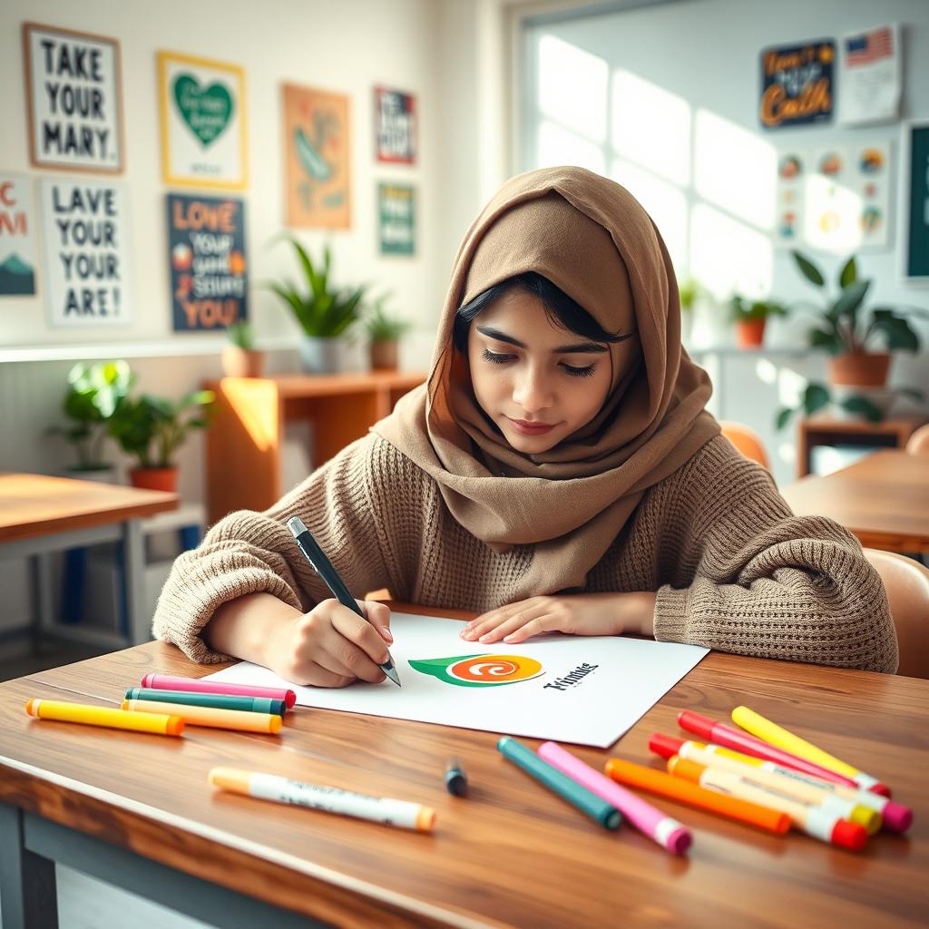A young Muslim student, wearing a traditional hijab and a cozy sweater, sitting at a wooden desk, deeply focused on designing a logo on paper, with colorful markers spread around