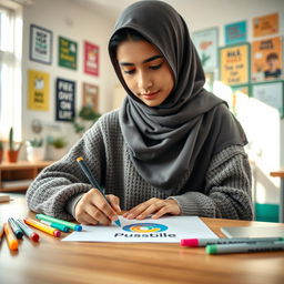 A young Muslim student, wearing a traditional hijab and a cozy sweater, sitting at a wooden desk, deeply focused on designing a logo on paper, with colorful markers spread around