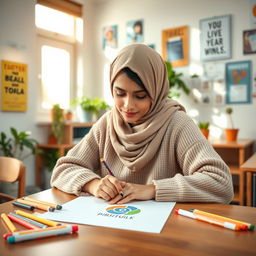 A young Muslim student, wearing a traditional hijab and a cozy sweater, sitting at a wooden desk, deeply focused on designing a logo on paper, with colorful markers spread around