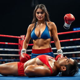 A female boxer in a vibrant blue bikini stands triumphantly over her unconscious opponent, who is wearing a striking red bikini, in a boxing ring