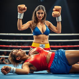 A female boxer in a vibrant blue bikini stands triumphantly over her unconscious opponent, who is wearing a striking red bikini, in a boxing ring