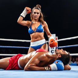A female boxer in a vibrant blue bikini stands triumphantly over her unconscious opponent, who is wearing a striking red bikini, in a boxing ring