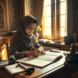 A focused young Muslim student, sitting at a wooden desk, is handwriting beautiful Persian calligraphy