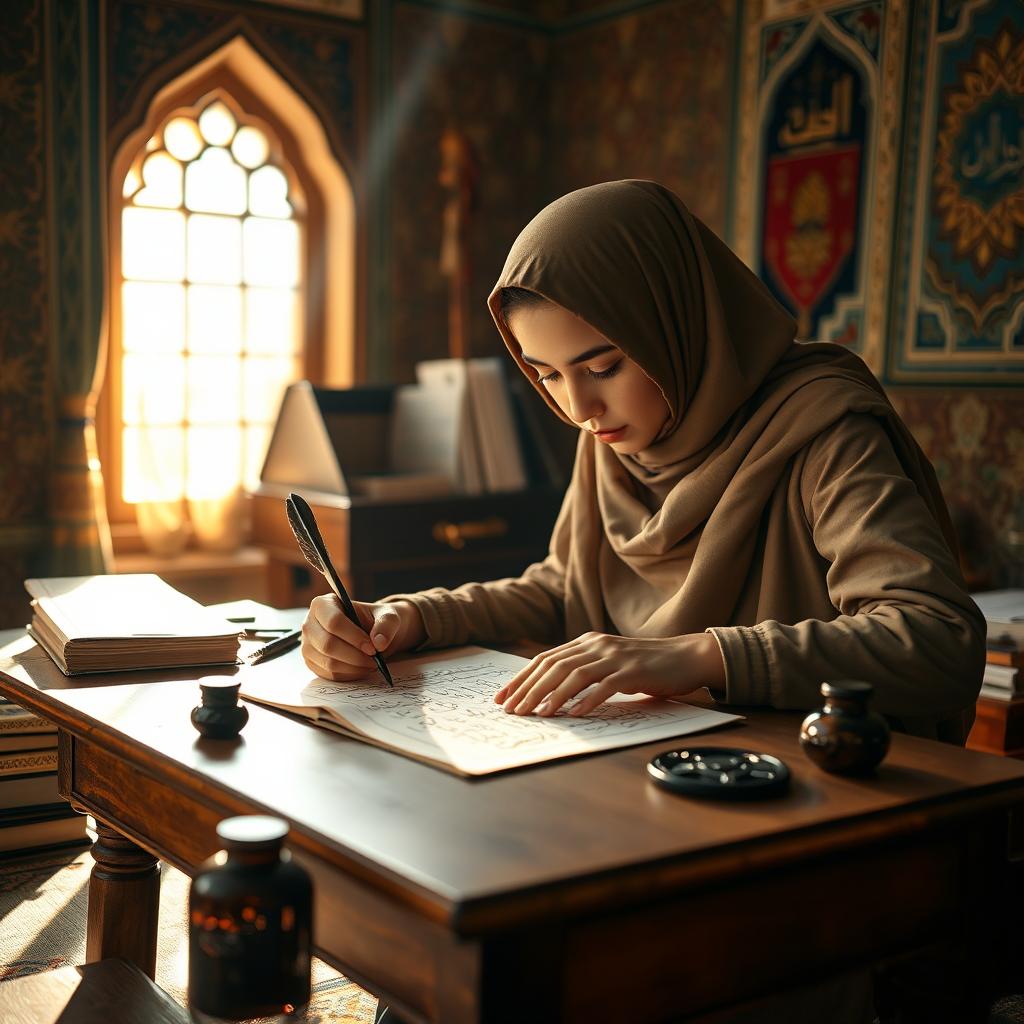 A focused young Muslim student, sitting at a wooden desk, is handwriting beautiful Persian calligraphy