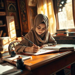 A focused young Muslim student, sitting at a wooden desk, is handwriting beautiful Persian calligraphy