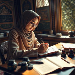 A focused young Muslim student, sitting at a wooden desk, is handwriting beautiful Persian calligraphy