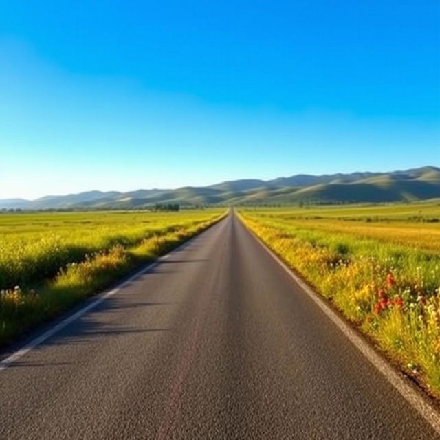 A smooth and serene road stretching into the horizon, surrounded by lush greenery and colorful wildflowers, with a clear blue sky overhead