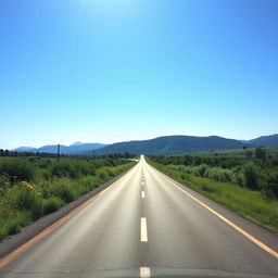 A smooth and serene road stretching into the horizon, surrounded by lush greenery and colorful wildflowers, with a clear blue sky overhead