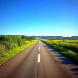 A smooth and serene road stretching into the horizon, surrounded by lush greenery and colorful wildflowers, with a clear blue sky overhead