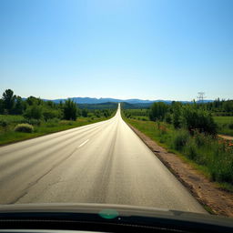 A smooth and serene road stretching into the horizon, surrounded by lush greenery and colorful wildflowers, with a clear blue sky overhead