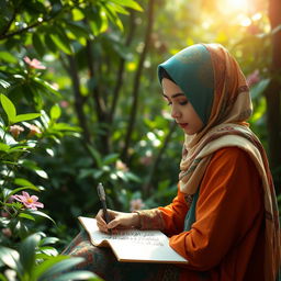 A young Muslim girl sitting peacefully in a lush green jungle, surrounded by vibrant trees and blooming flowers