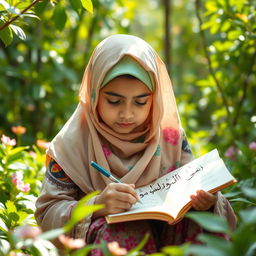 A young Muslim girl sitting peacefully in a lush green jungle, surrounded by vibrant trees and blooming flowers