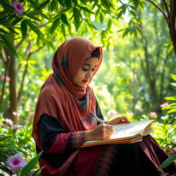 A young Muslim girl sitting peacefully in a lush green jungle, surrounded by vibrant trees and blooming flowers