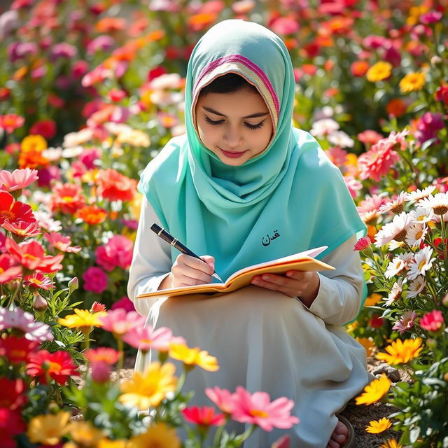 A young Muslim girl sitting gracefully in a vibrant flower garden, surrounded by a variety of colorful blossoms