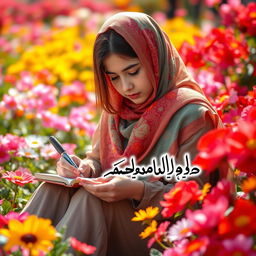 A young Muslim girl sitting gracefully in a vibrant flower garden, surrounded by a variety of colorful blossoms