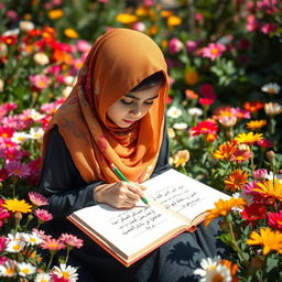 A young Muslim girl sitting gracefully in a vibrant flower garden, surrounded by a variety of colorful blossoms
