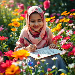 A happy young Muslim girl wearing a colorful hijab, sitting in a vibrant flower garden filled with various blooming flowers