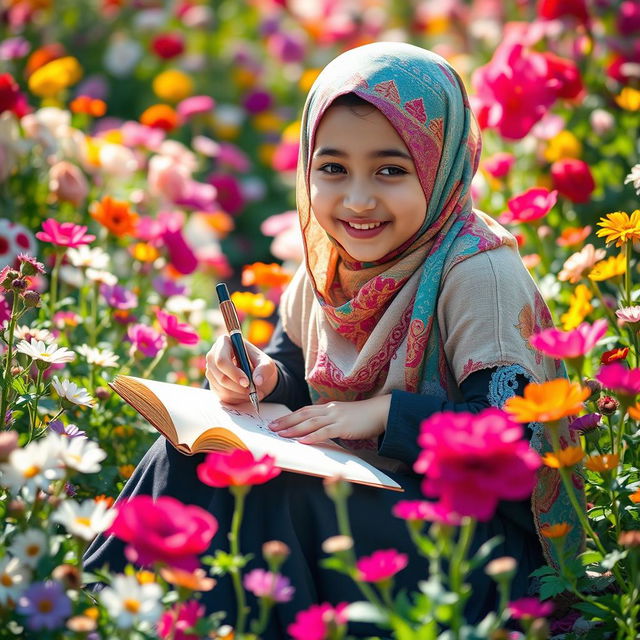 A happy young Muslim girl wearing a colorful hijab, sitting in a vibrant flower garden filled with various blooming flowers