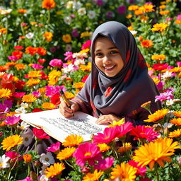A happy young Muslim girl wearing a colorful hijab, sitting in a vibrant flower garden filled with various blooming flowers